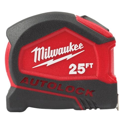 Milwaukee® Autolock 48-22-6825 Compact Autolock Measuring Tape With Belt Clip, 25 ft L x 27 mm W Blade, Steel Blade, 1/16 in Graduation